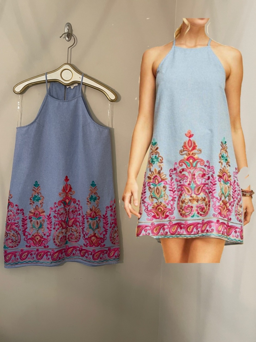 entro The Julie Dress Chambray Halter Dress with Colorful Embroidery Size Medium